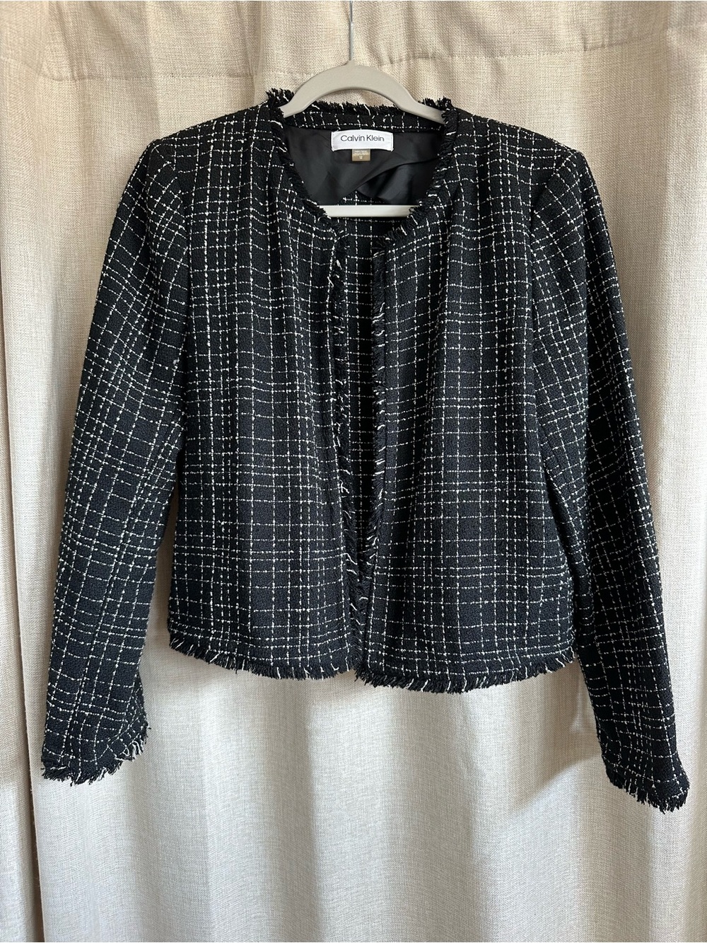 NWOT Calvin Klein Black & White Tweed Fringe-Trim Open Front Jacket